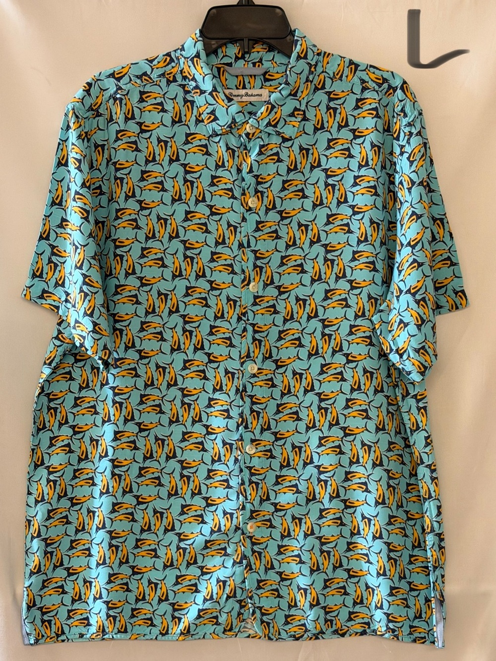 Tommy Bahama Aqua Blue Short-Sleeve Fish Print Camp Shirt with Yellow Accents